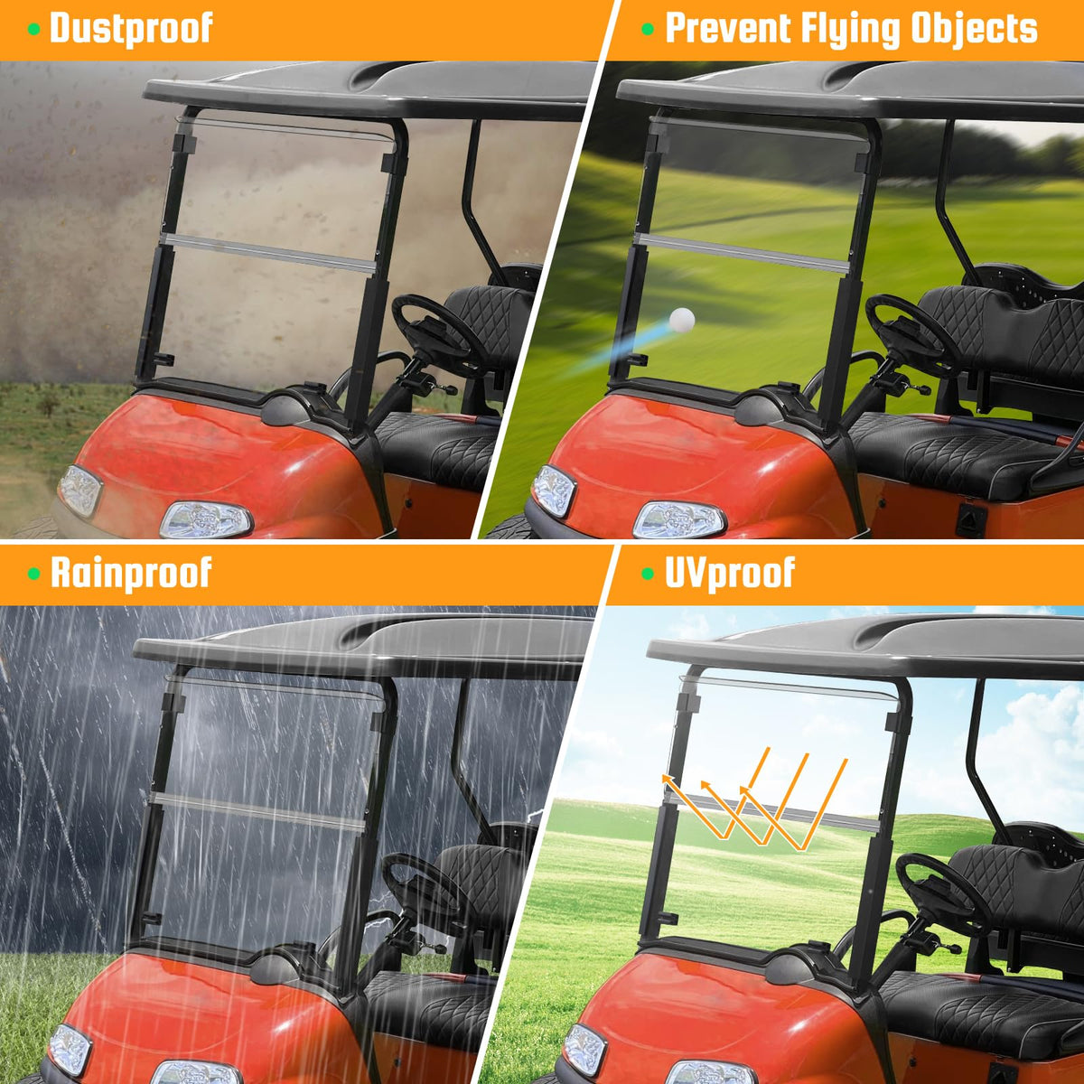 RIZINKART EZGO windshield offers clear visibility with 95 percent light transmission.