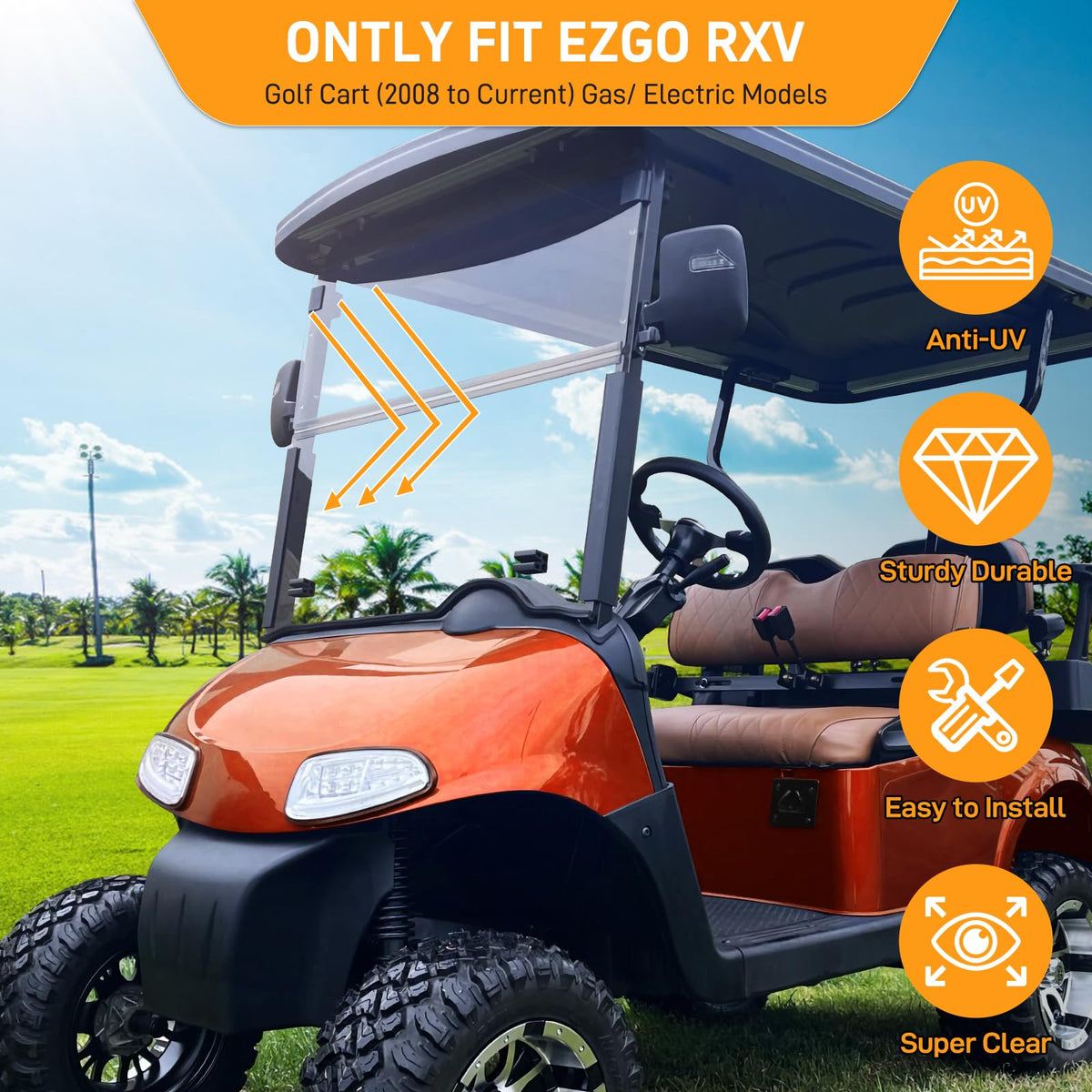 RIZINKART EZGO windshield with pre-drilled holes for quick, tool-free installation.