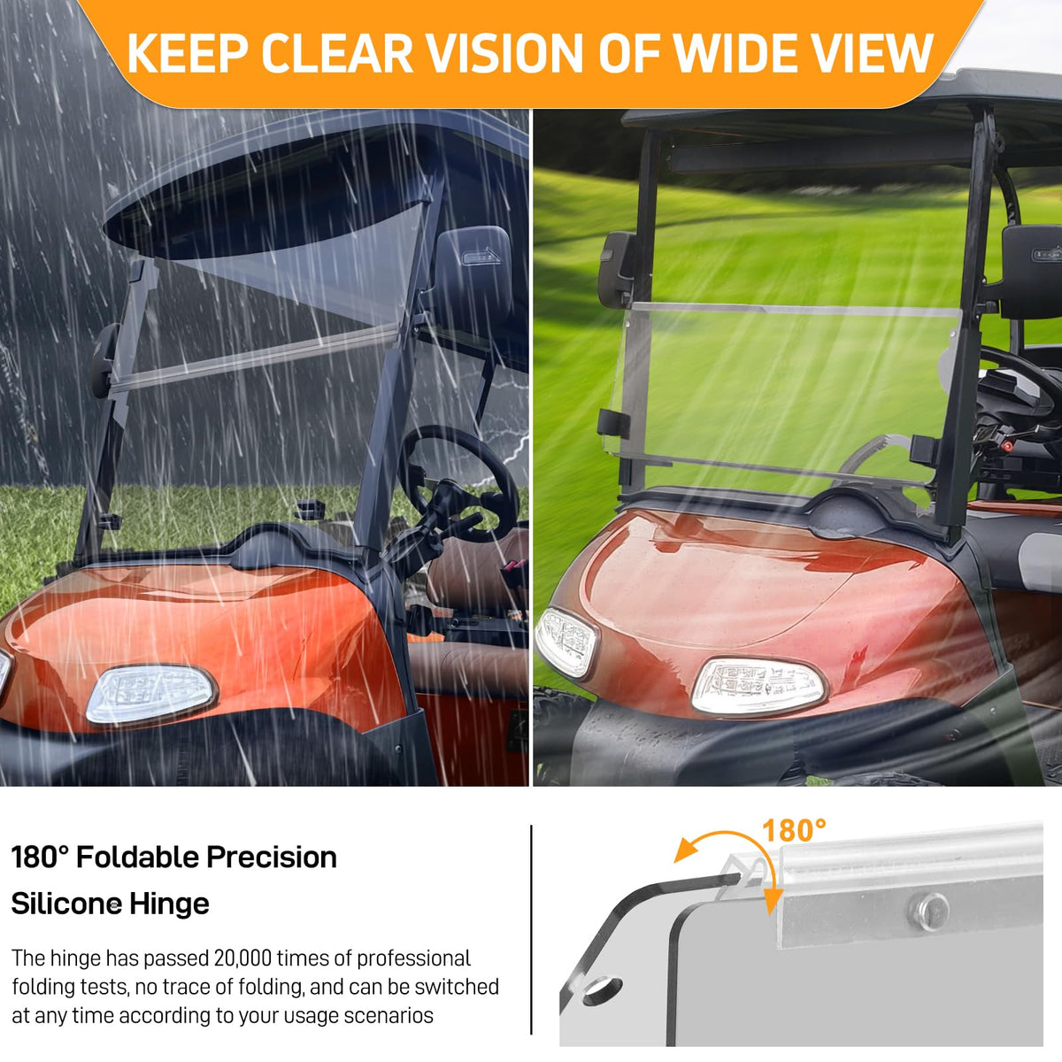 RIZINKART EZGO windshield highlighting UV protection for sunny golf days.