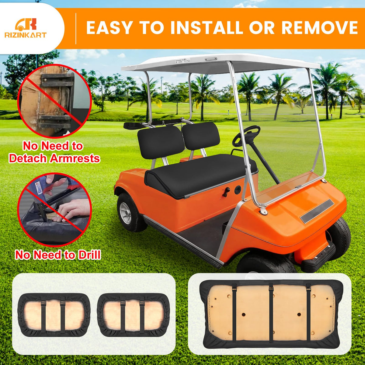 Rizinkart easy tool free installation on golf cart front seat cover