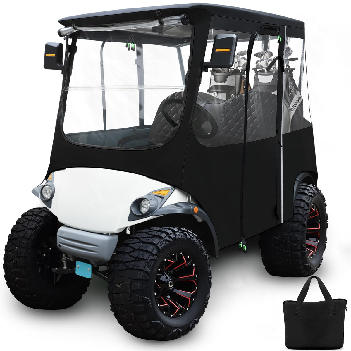 RIZINKART golf cart deluxe enclosure front view with rain protection for two passengers