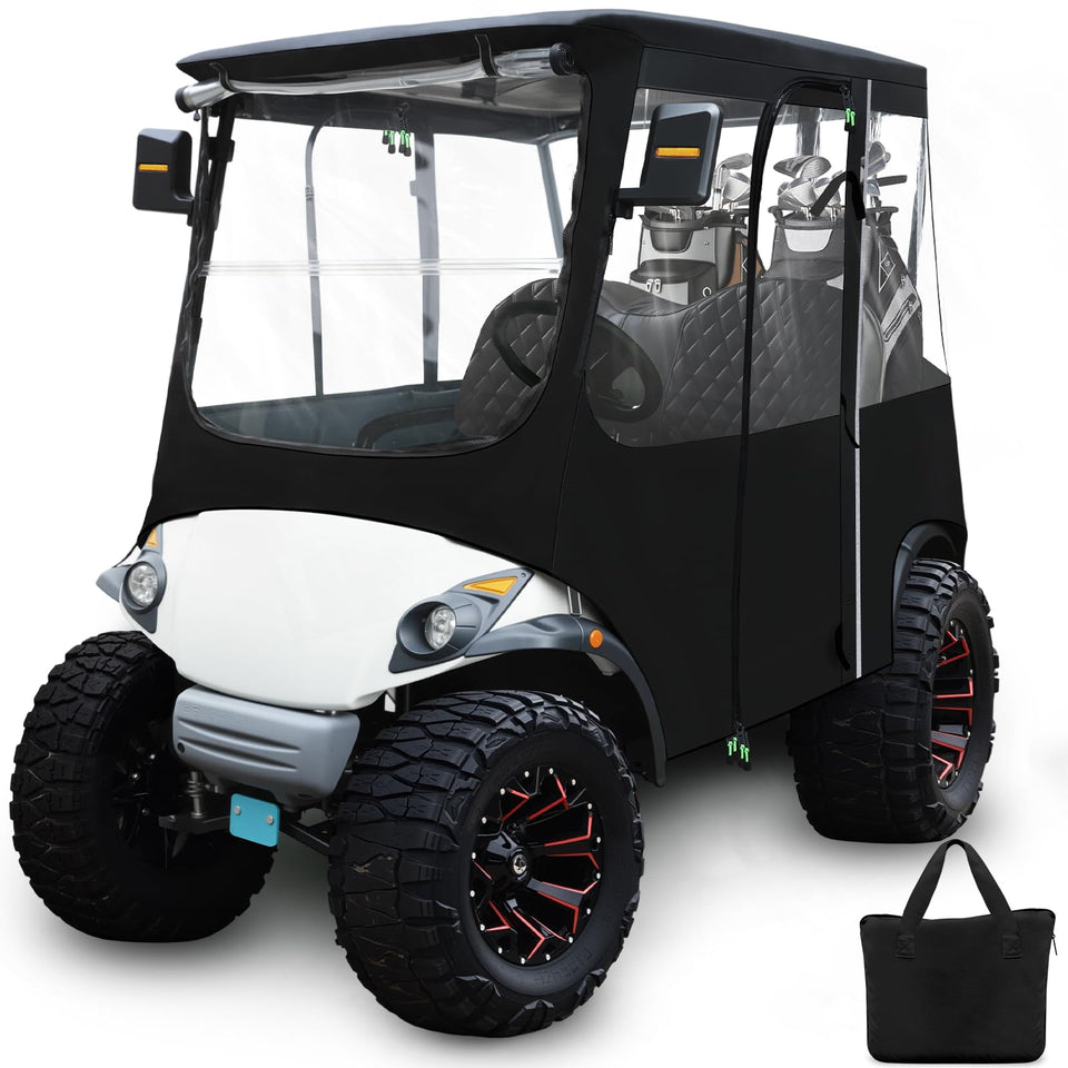 RIZINKART golf cart deluxe enclosure front view with rain protection for two passengers