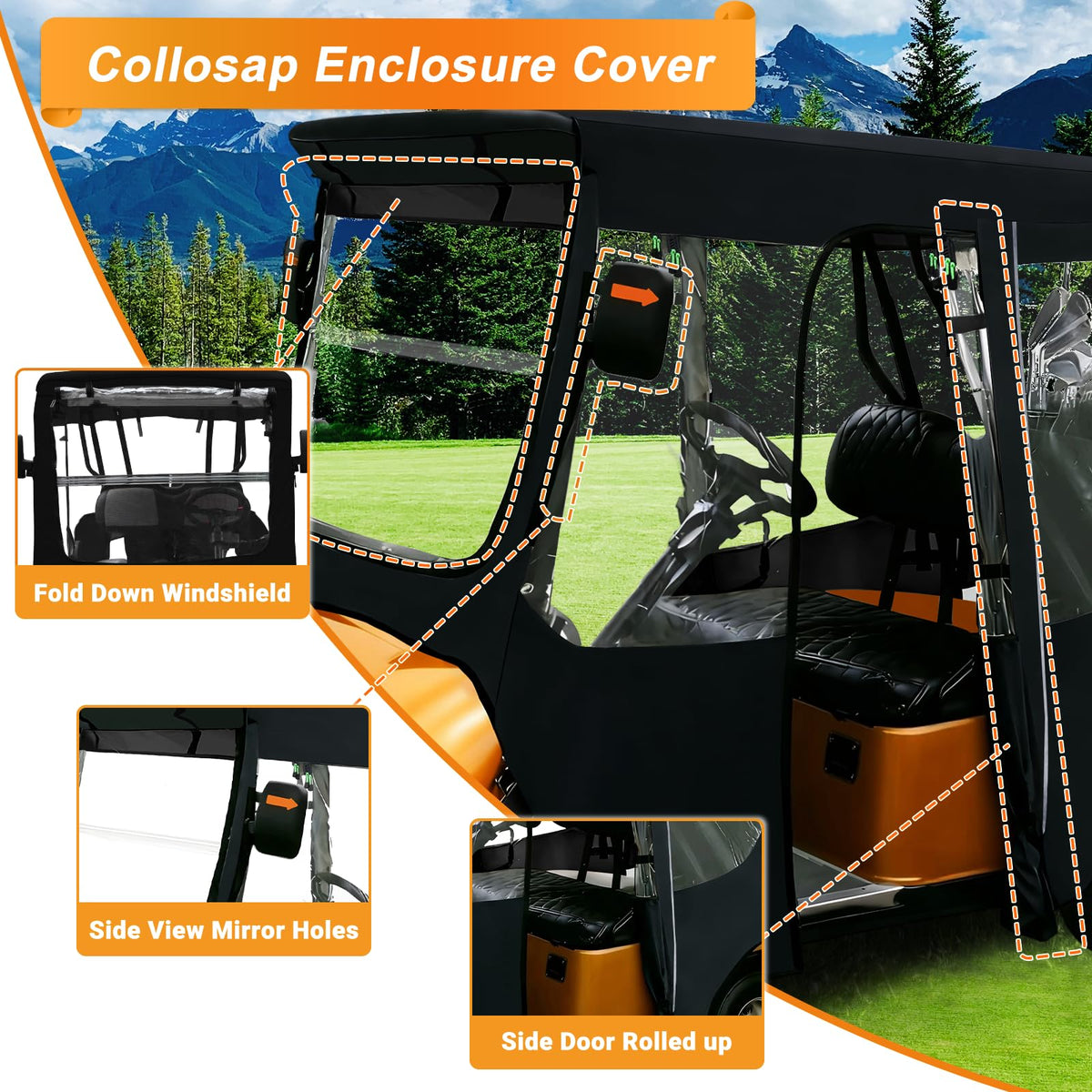 RIZINKART enclosure side view demonstrating full coverage against wind and rain