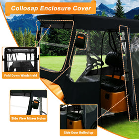 RIZINKART enclosure side view demonstrating full coverage against wind and rain