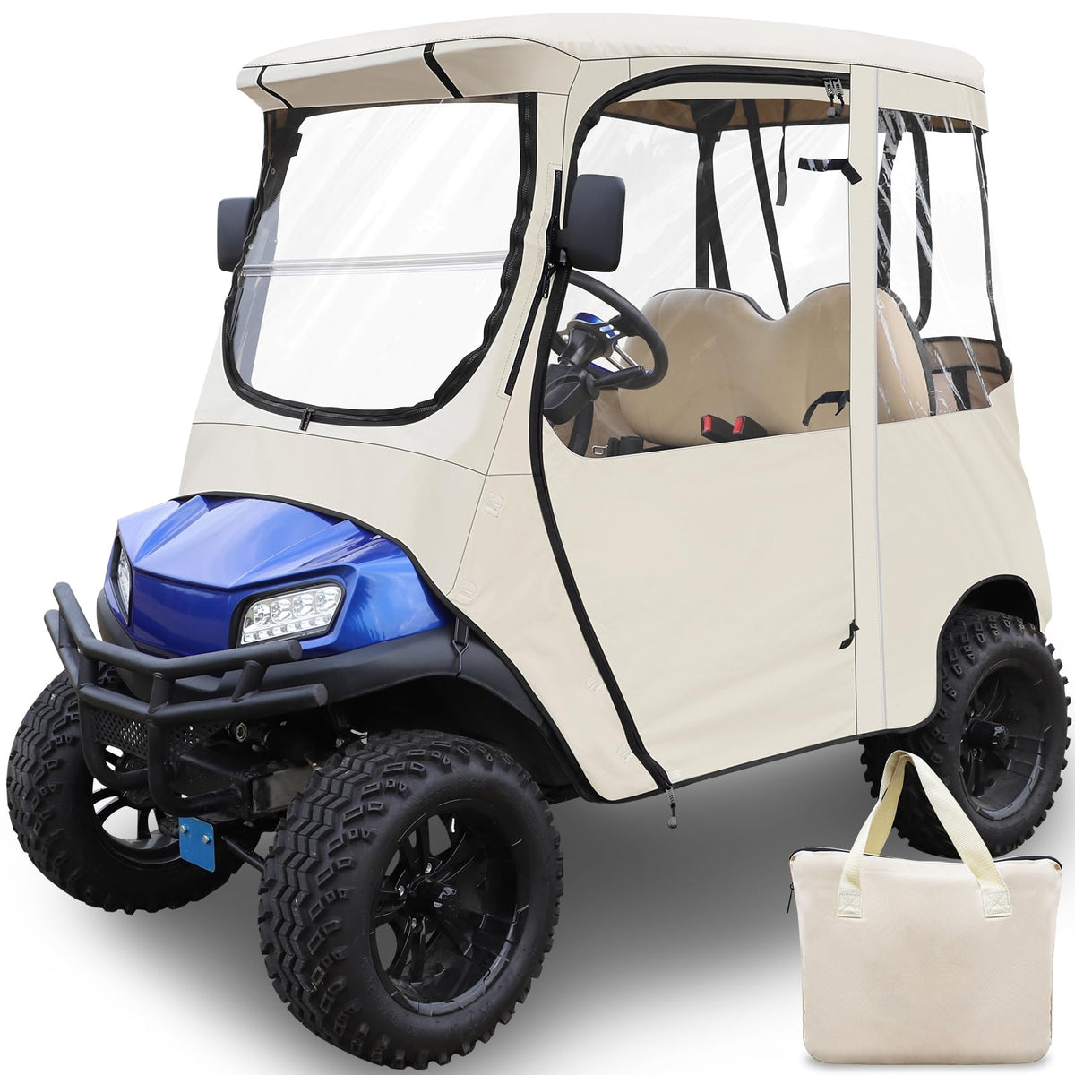 RIZINKART golf cart enclosure front view with clear PVC window for rain protection and visibility