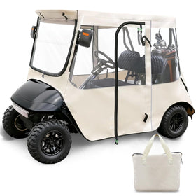 RIZINKART Ezgo enclosure front view with durable 600D fabric shields from rain.