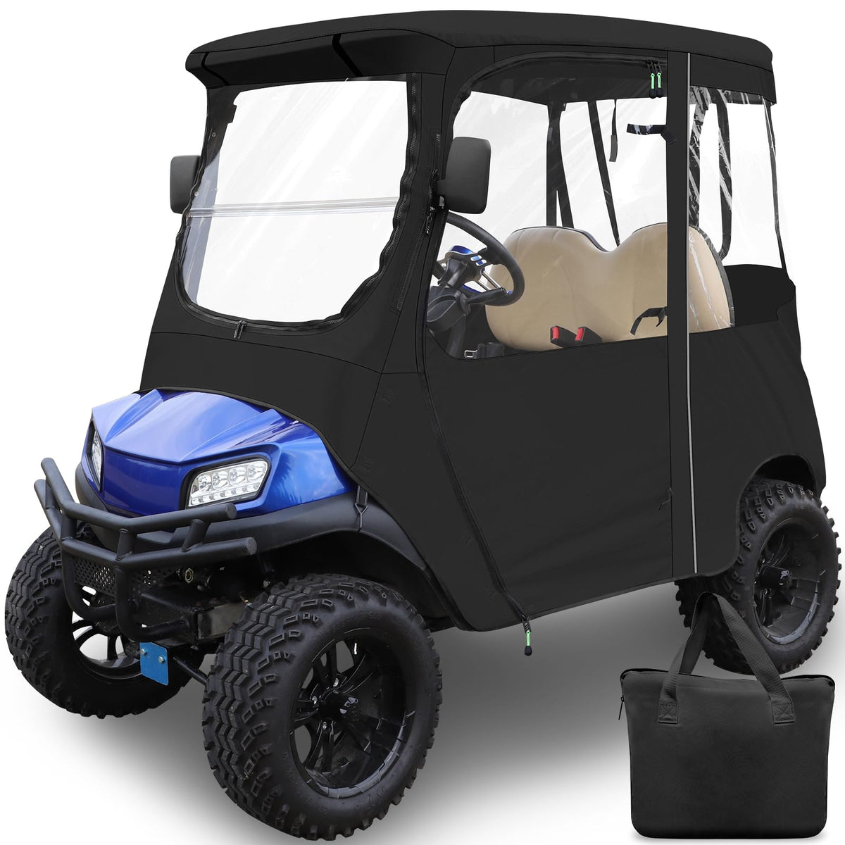 RIZINKART golf cart enclosure front view with clear PVC windows for rain visibility