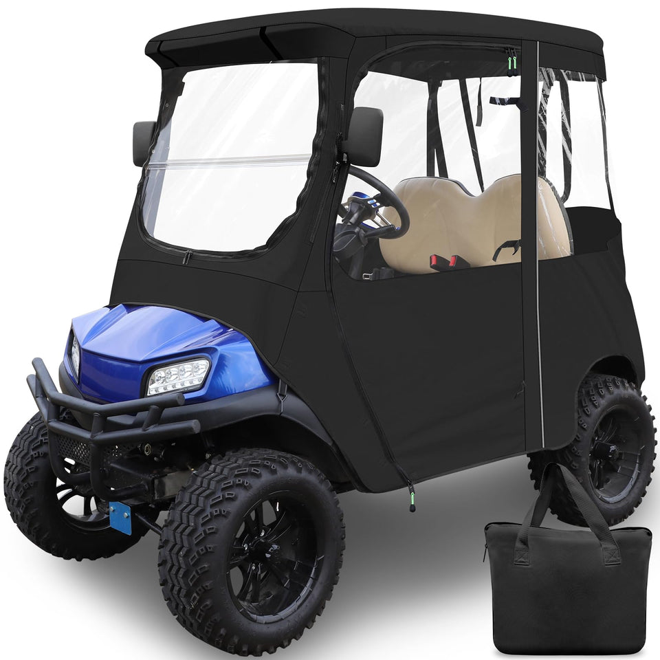 RIZINKART golf cart enclosure front view with clear PVC windows for rain visibility