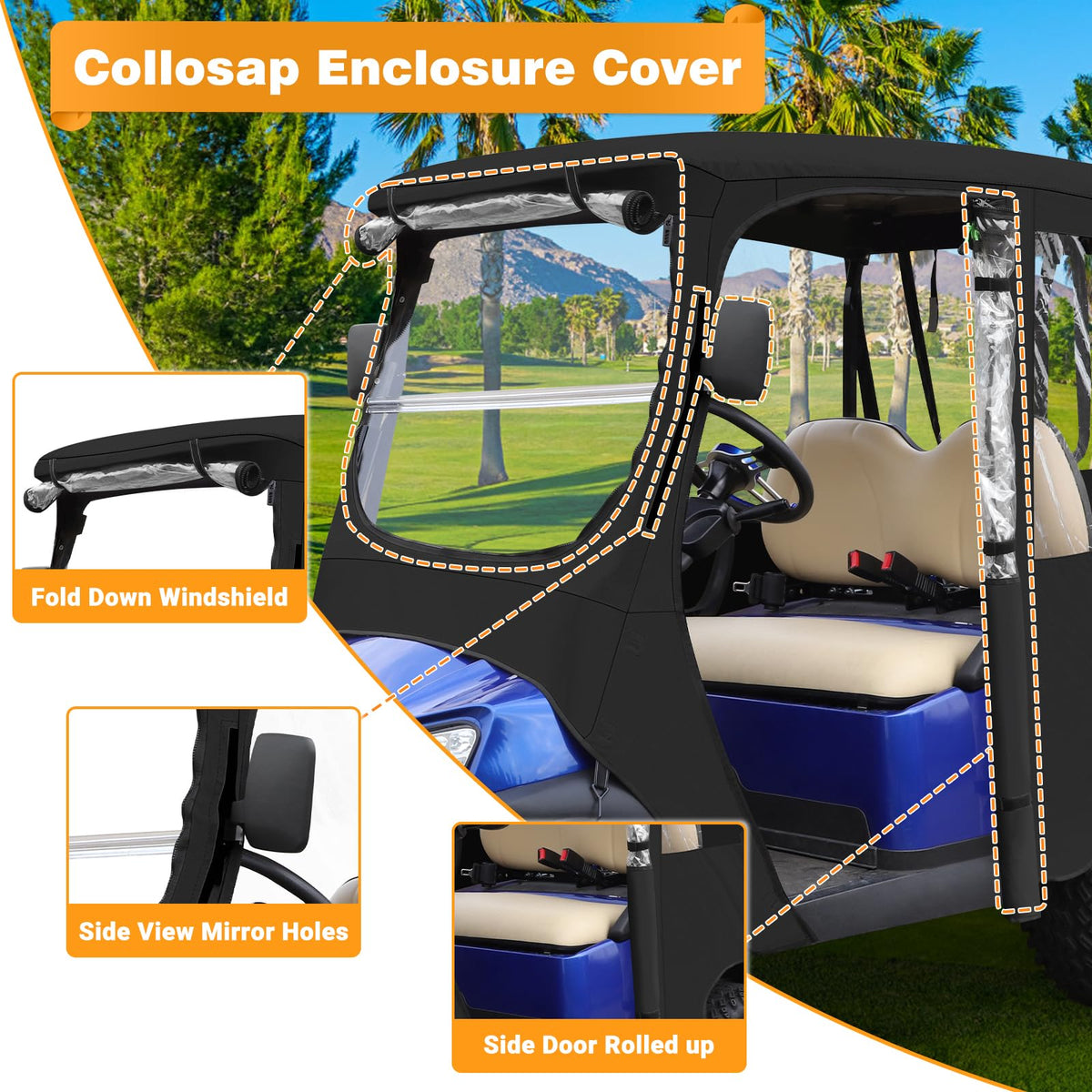 RIZINKART enclosure side view shows weatherproof 600D fabric for year-round use