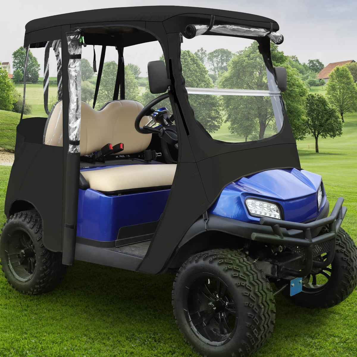 RIZINKART waterproof enclosure on a golf cart in rain-ready setup