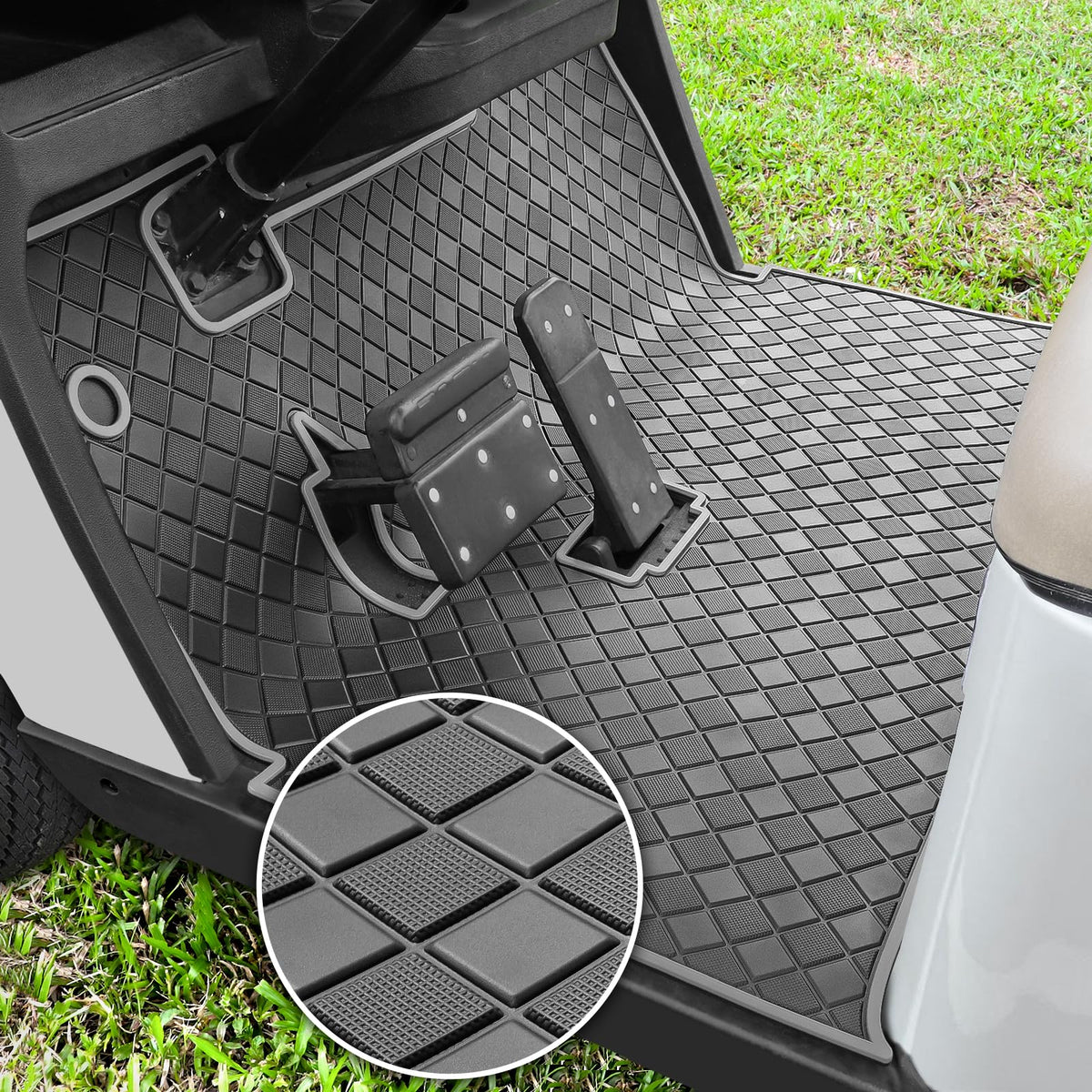 RIZINKART golf cart floor mat close-up highlighting 8mm rubber durability.