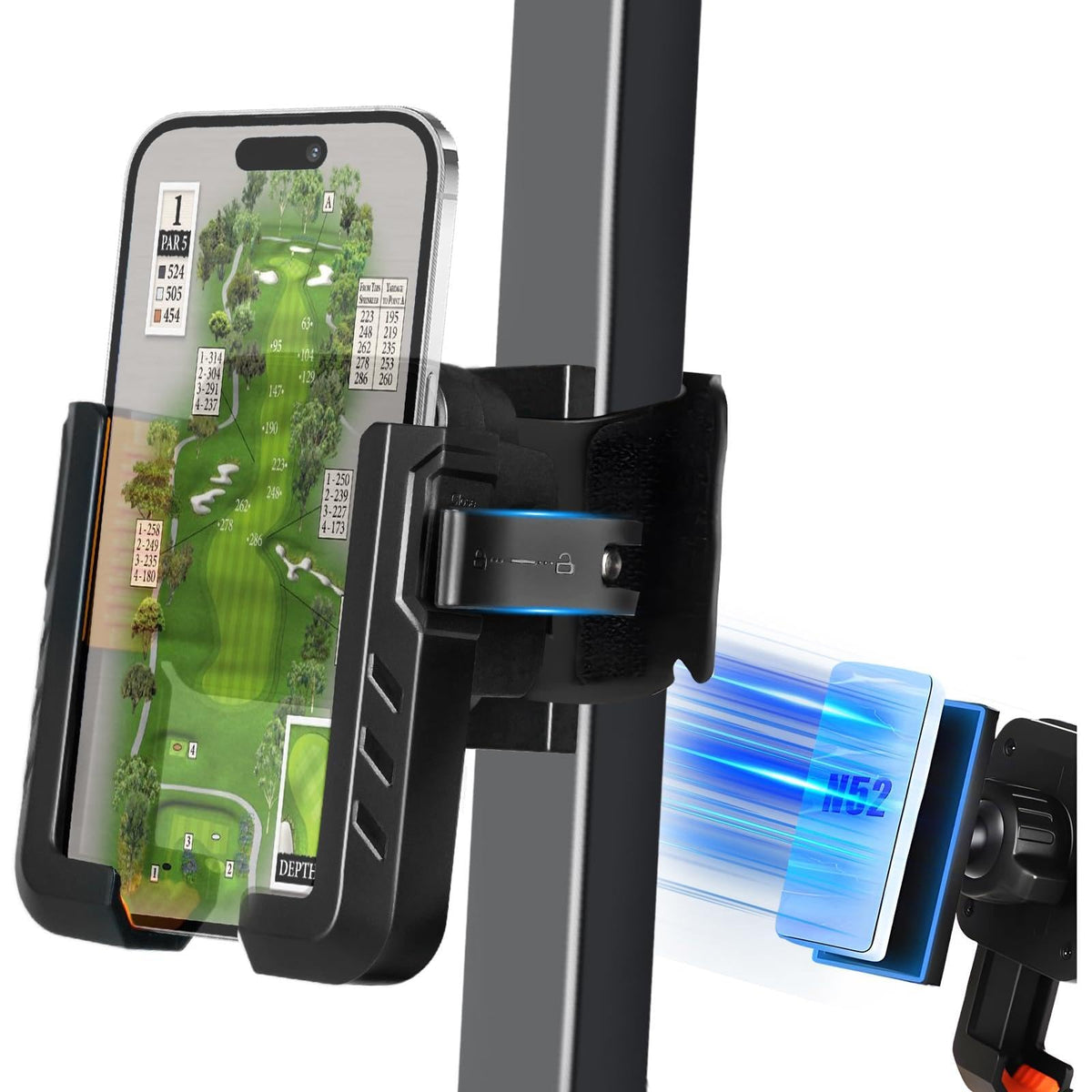 RIZINKART golf cart holder magnet demonstrates secure on-course phone mounting.