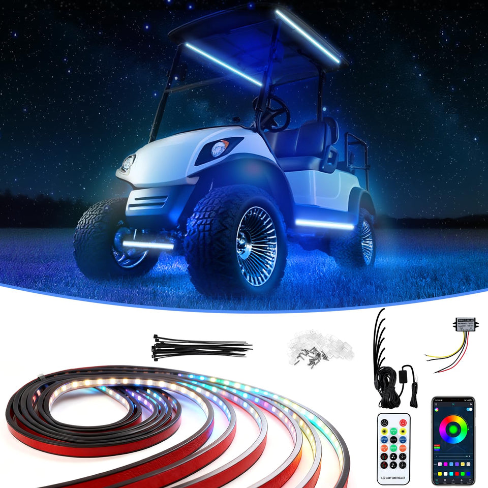 RIZINKART underbody LED strip kit lights the golf cart for safer night visibility.
