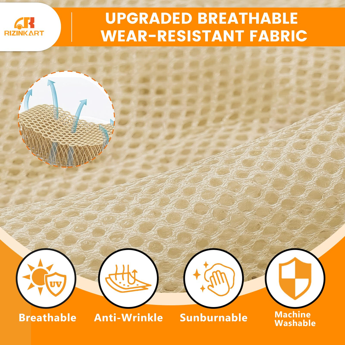 RIZINKART EZGO RXV front seat cover demonstrating breathable fabric and quick-dry performance