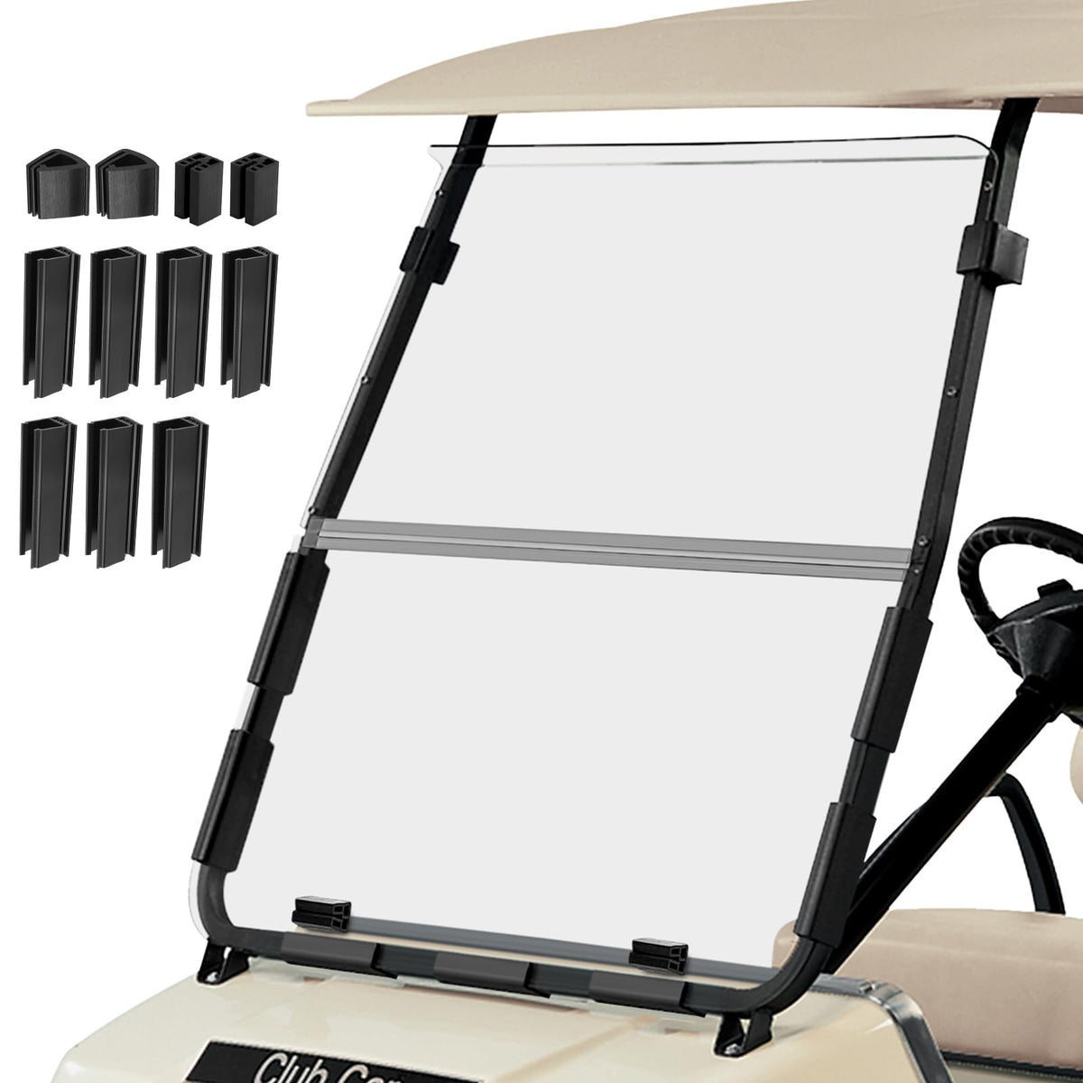 RIZINKART Club Car DS windshield front view for clear visibility and wind protection.