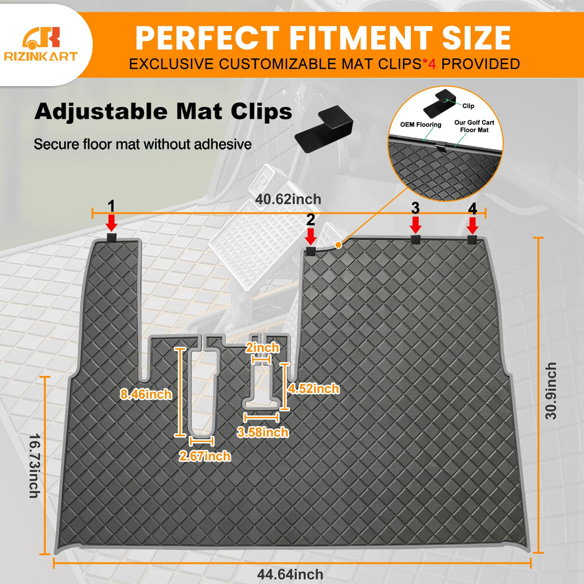 RIZINKART gray-trim floor mat adds a refined look to cart interiors