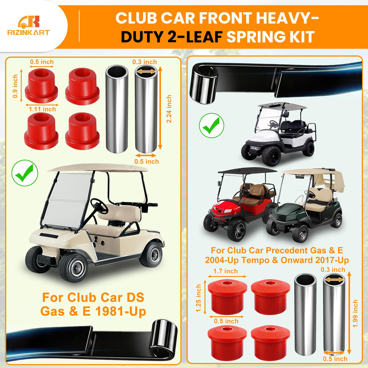 RIZINKART 2-leaf front spring boosts load capacity and sag reduction.