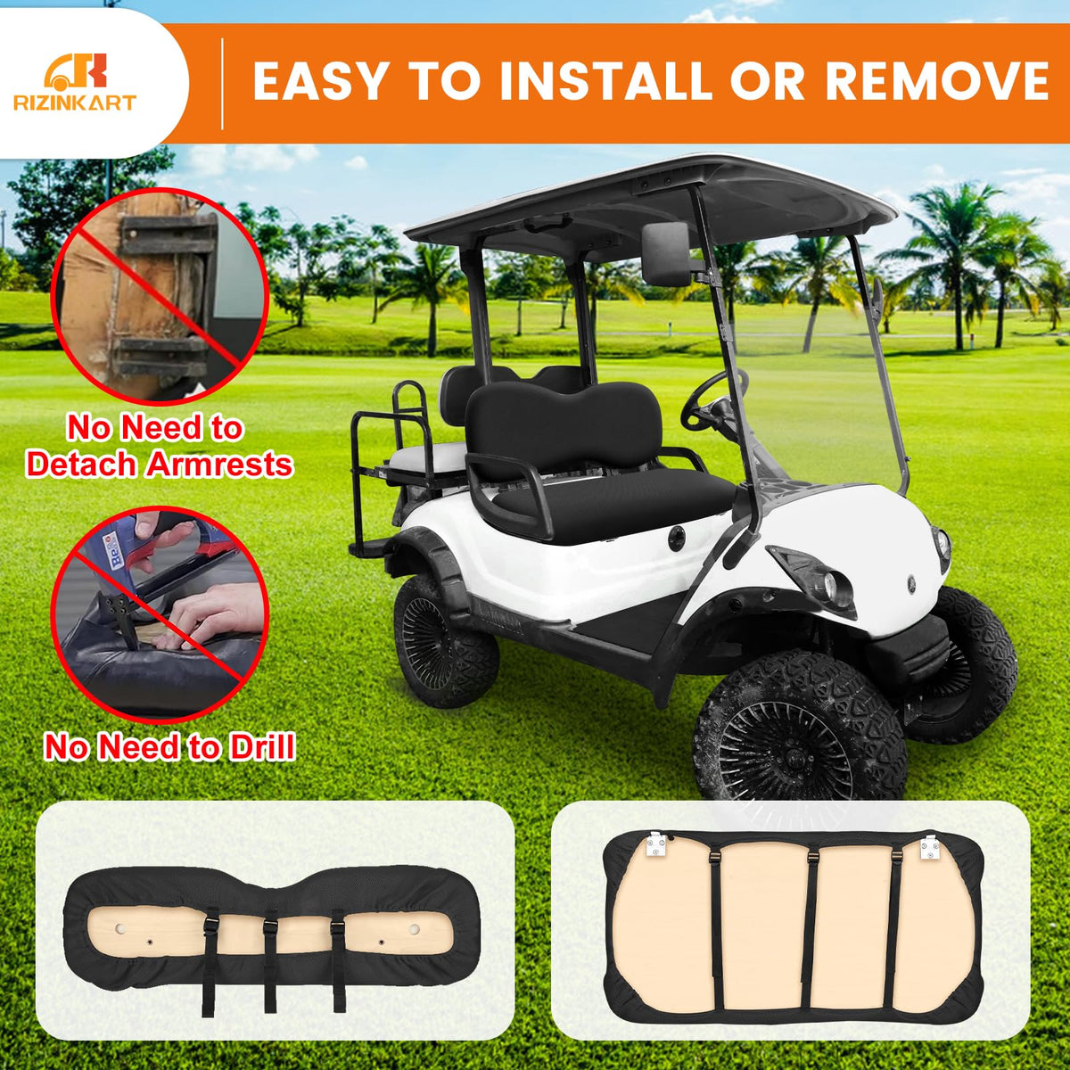 RIZINKART quick-dry seat cover suitable for all-season golf cart use.