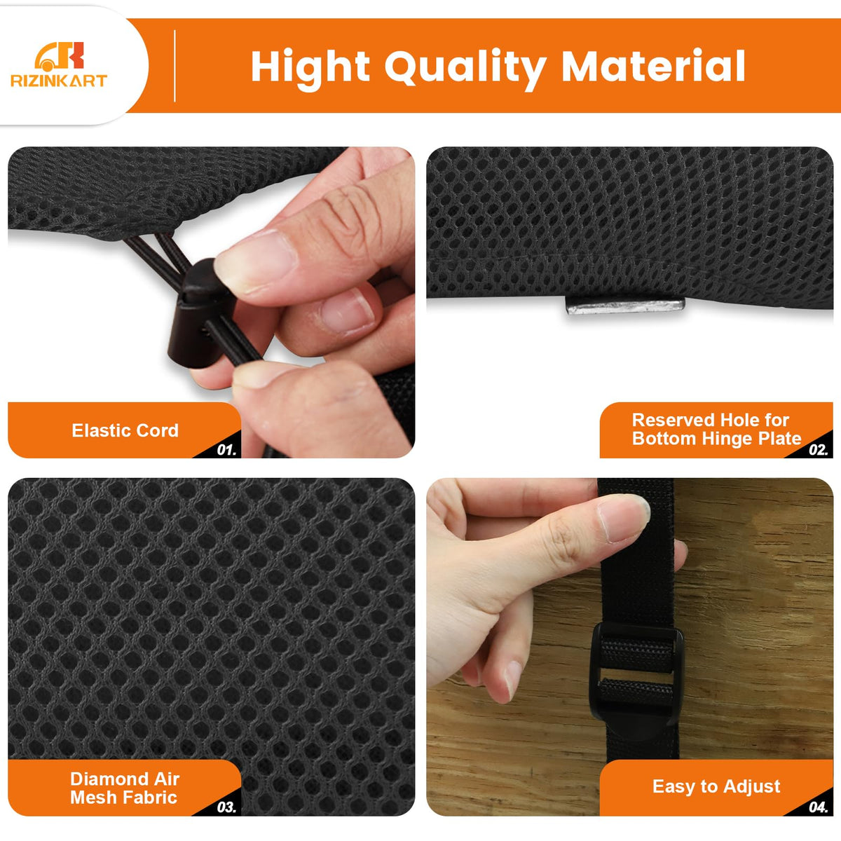 RIZINKART tool-free installation with hook-and-loop fasteners.