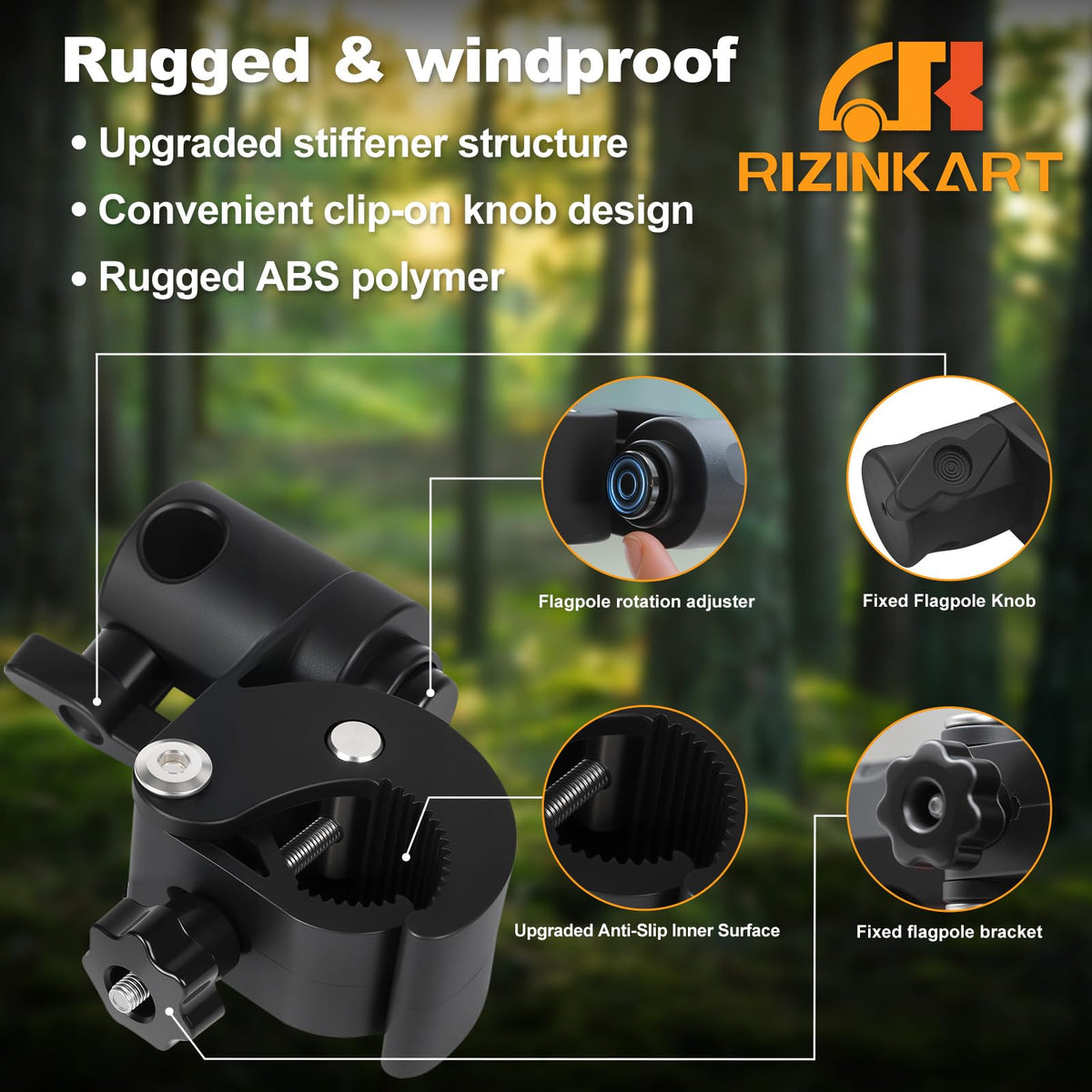 Rizinkart universal rail fit secures round and square tubes.