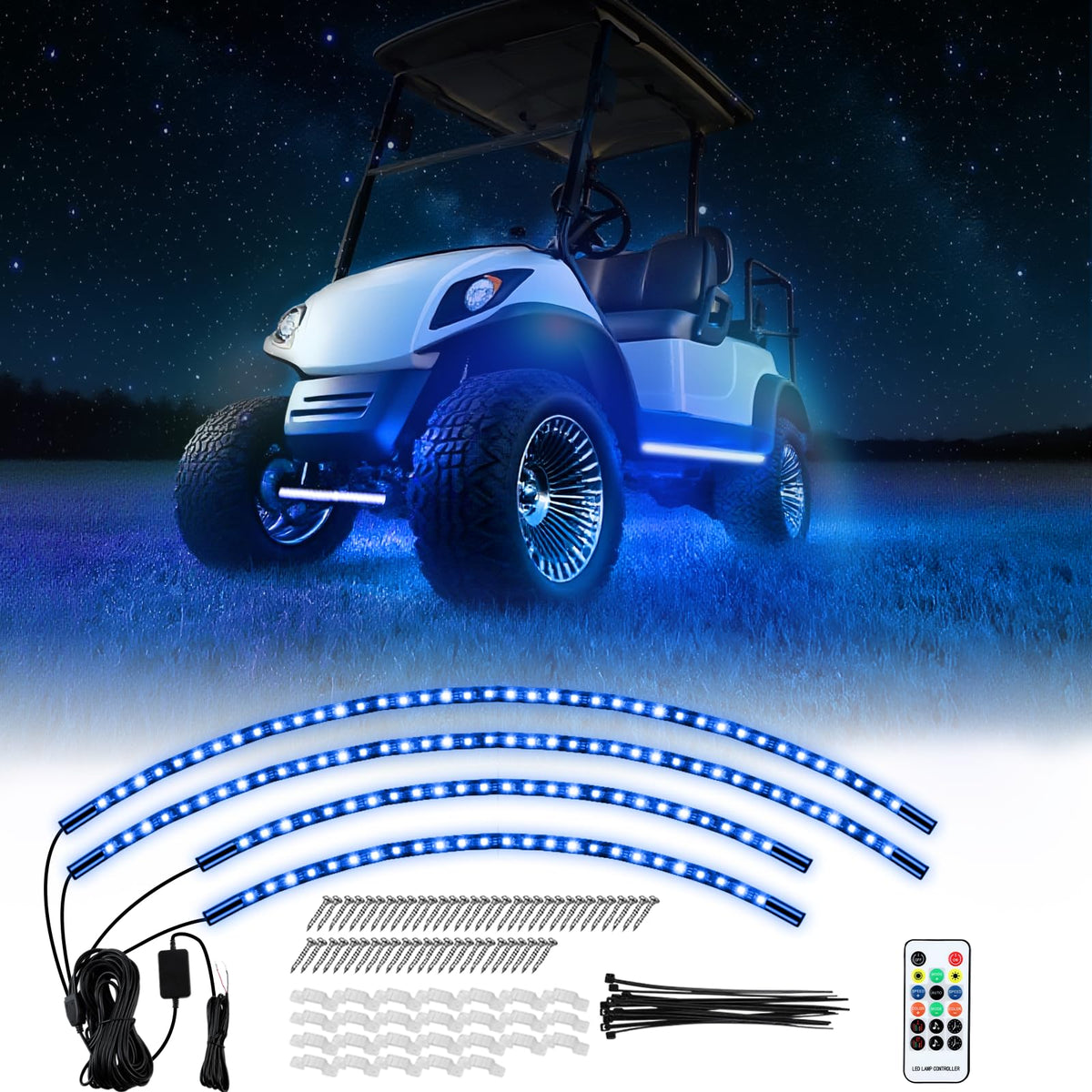 Rizinkart universal underbody light kit 4 bars illuminate golf cart edges for night rides