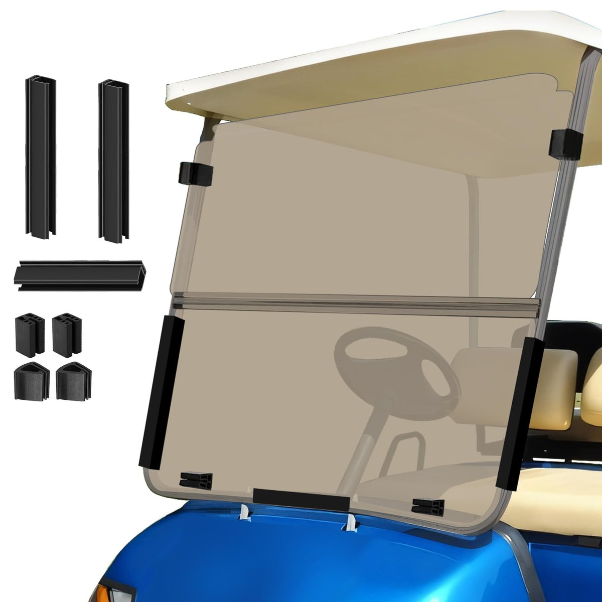 RIZINKART foldable 5mm windshield for Yamaha golf carts enhances ride safety.