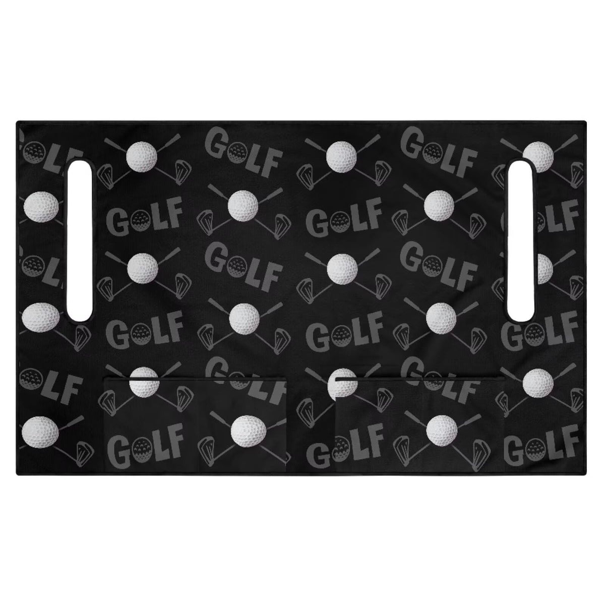 Rnyleeg black seat cover on a golf cart with four front pockets for gear