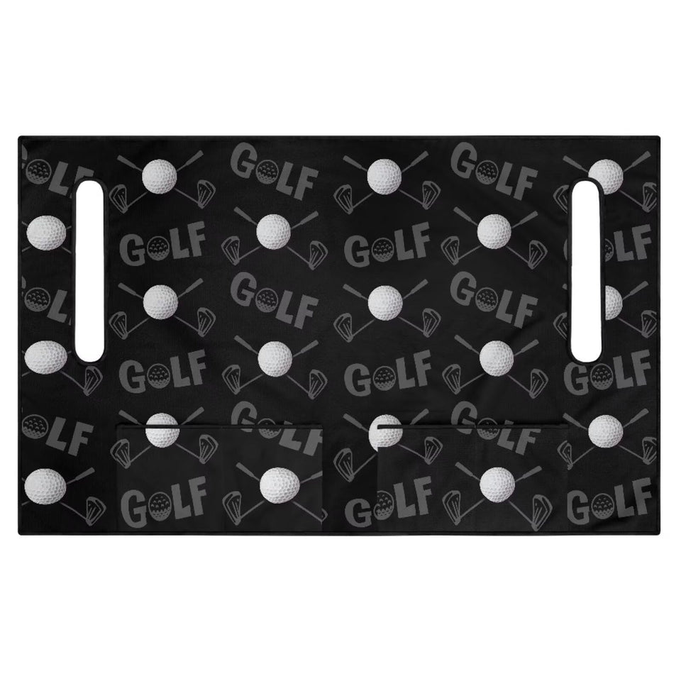 Rnyleeg black seat cover on a golf cart with four front pockets for gear