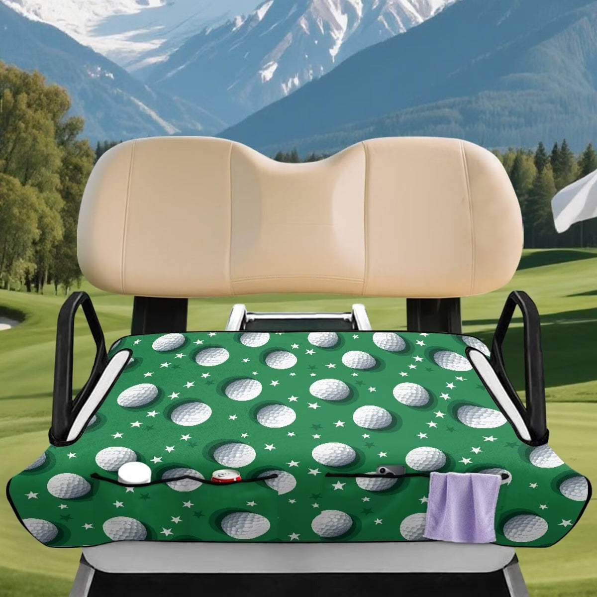 Rnyleeg golf cart seat cover back view demonstrates universal fit for most 2-seater carts.