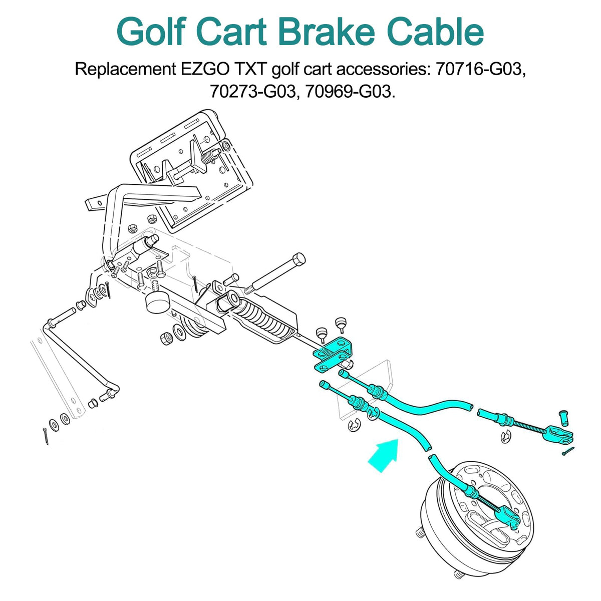 RO6G EZGO brake cable driver-side detail demonstrates sturdy build for reliable braking