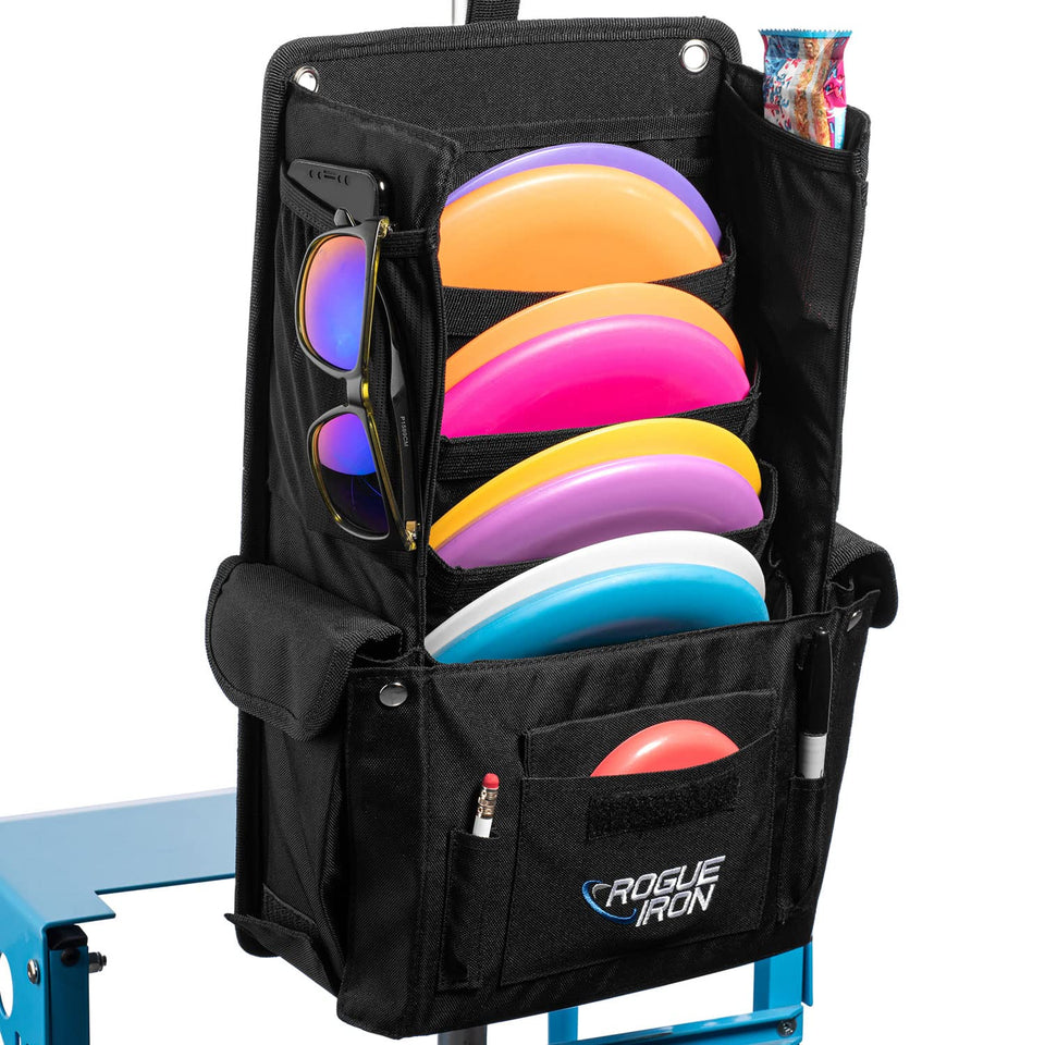 Rogue Iron Putter Pouch mounted on a cart for quick disc access.