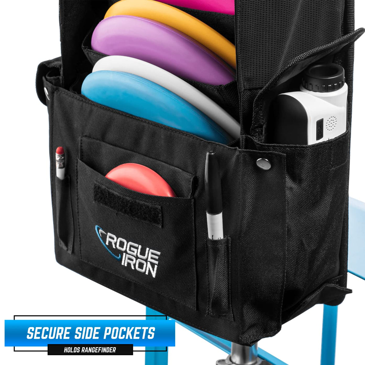 Rogue Iron Putter Pouch holds 8+ discs with universal cart straps.