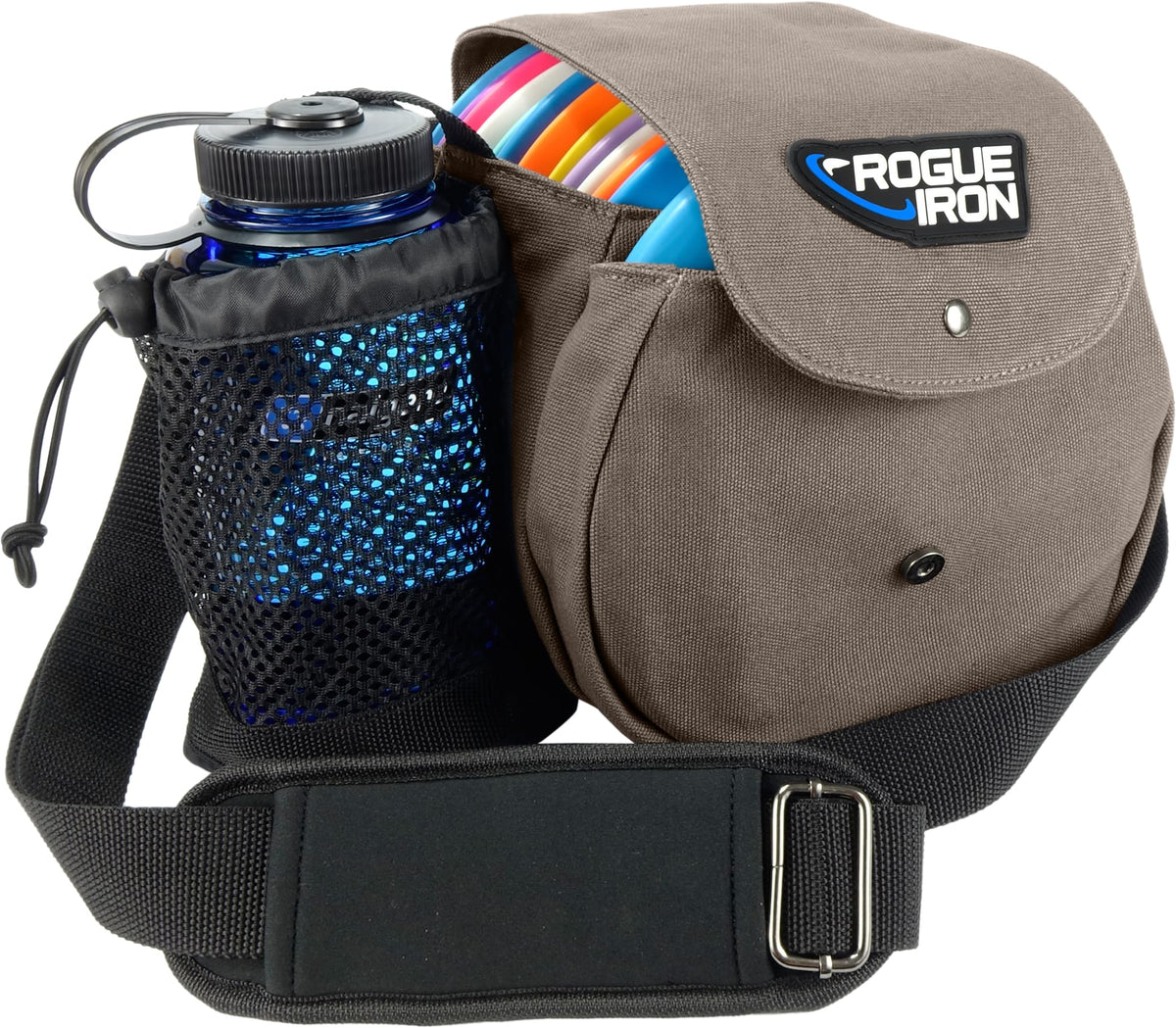 Rogue Iron Disc Golf Satchel Bag front view showing 14-disc capacity for on-course carry