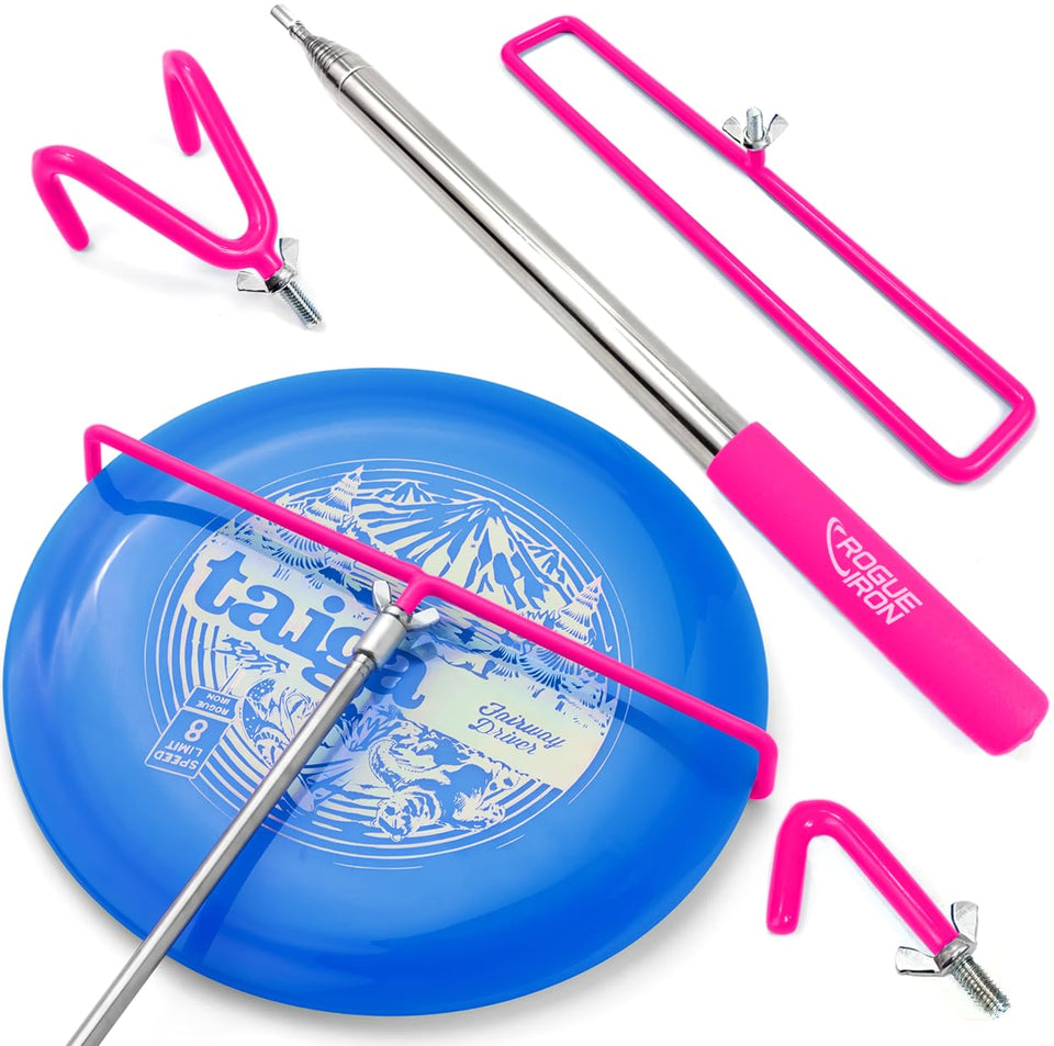 Rogue Iron Sports retriever pole extended to 16ft in pink.