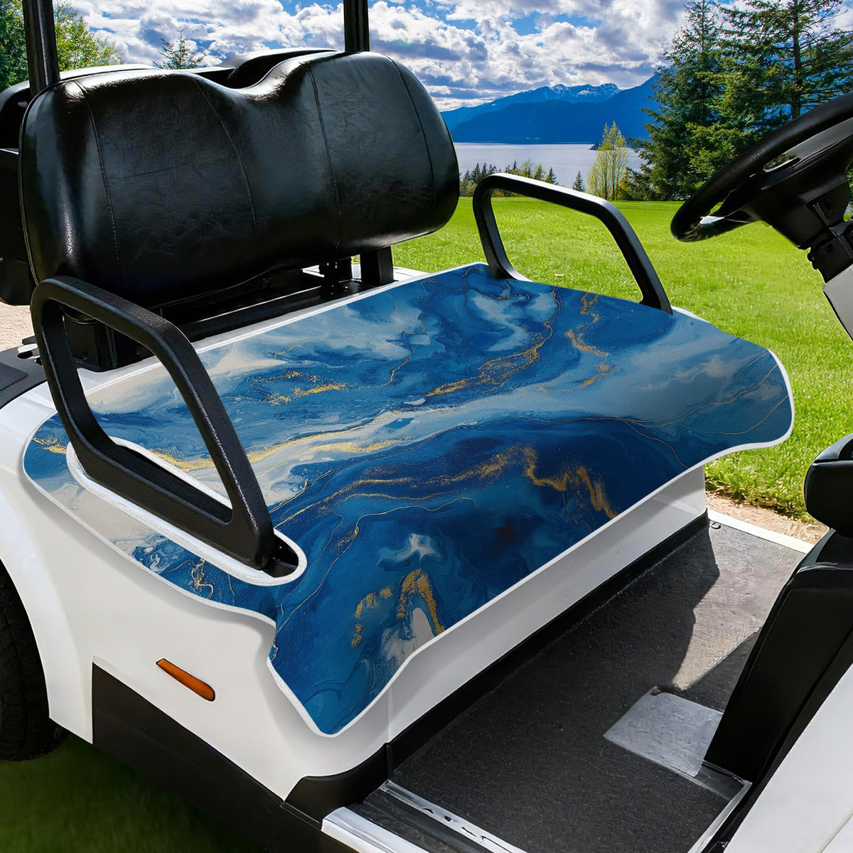 Roneenz blue watercolor seat cover front view protects two-seater golf carts.