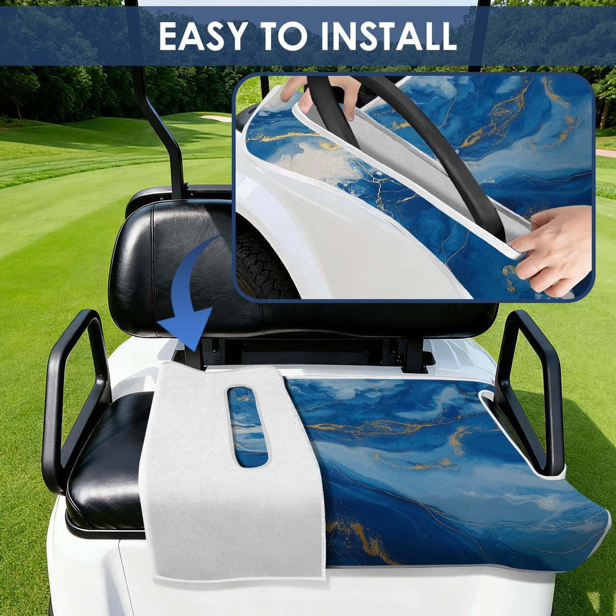 Roneenz blue watercolor seat cover universal-fit design for 2-seat carts.