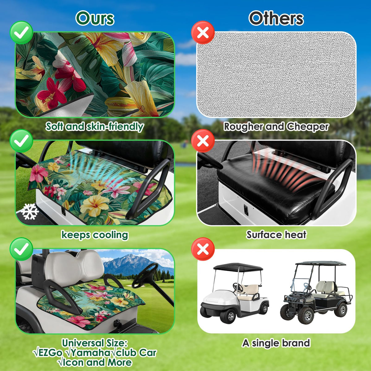 Roneenz Club Car-compatible seat cover on two-seat cart for reliable protection.