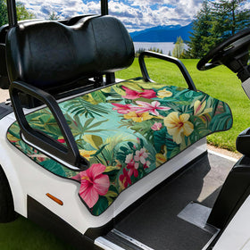 Roneenz floral golf cart seat cover on bench seating adds stylish protection and comfort.