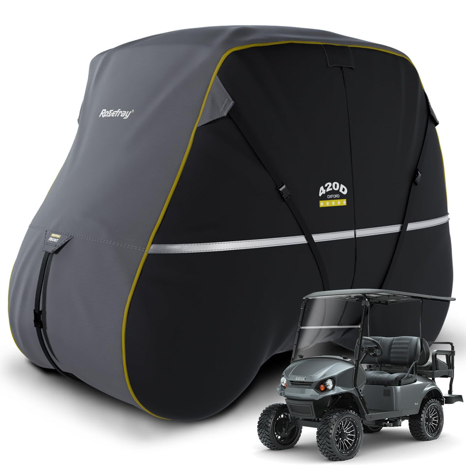 Rosefray golf cart cover front view shows 420D fabric protecting against rain.