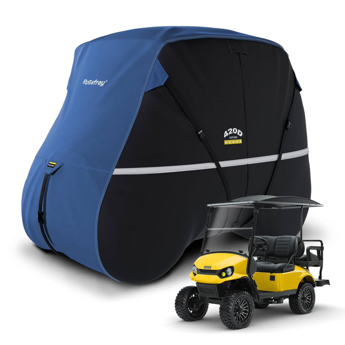Rosefray golf cart cover, front view, durable 420D fabric shields rain and sun.