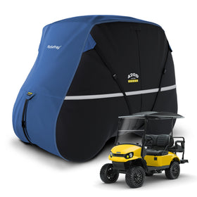 Rosefray golf cart cover, front view, durable 420D fabric shields rain and sun.