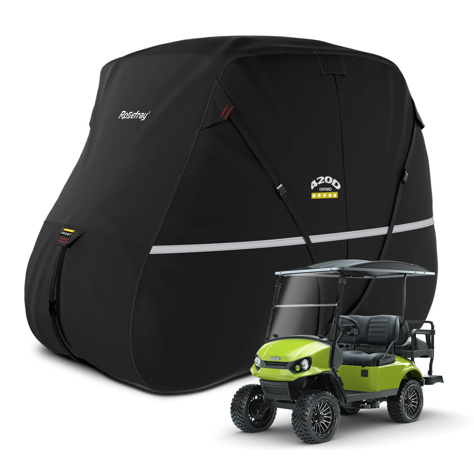 Rosefray golf cart cover with heavy-duty 420D Oxford fabric protects from rain and sun.