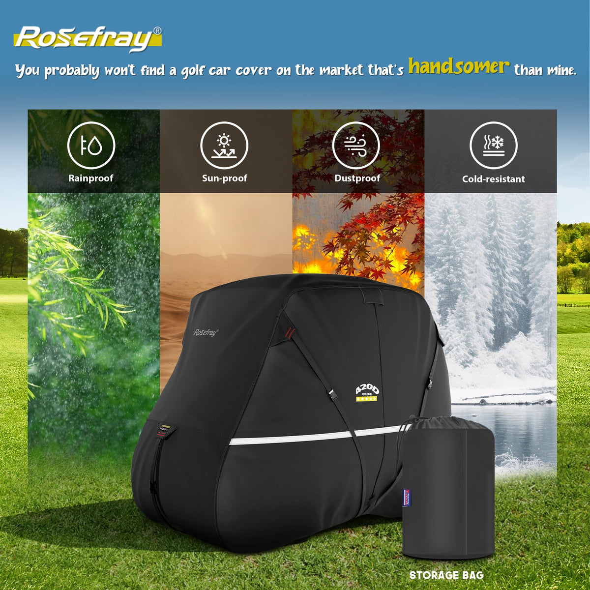 Rosefray golf cart cover offers universal fit for major brands.