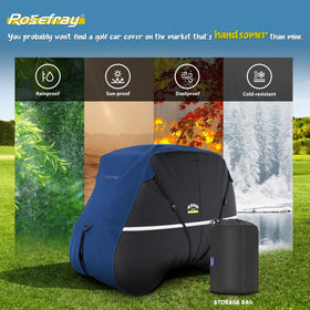 Rosefray golf cart cover undergoing wind resistance test in gusty conditions.