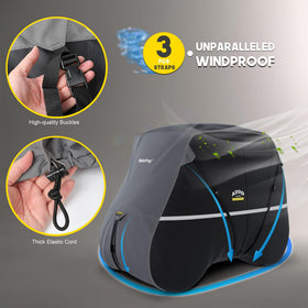 Rosefray cover with windproof straps demonstrating secure fit in wind