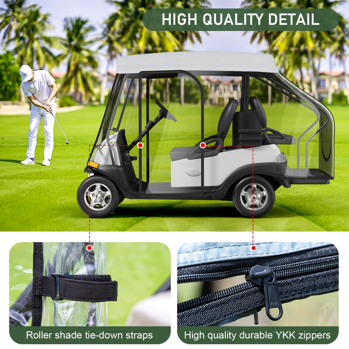 Rosefray 2+2 seats drivable enclosure keeps passengers dry during rain.