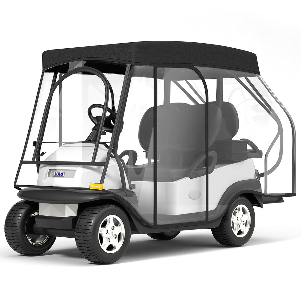 Rosefray golf cart enclosure with 4-sided PVC windows for rain visibility.