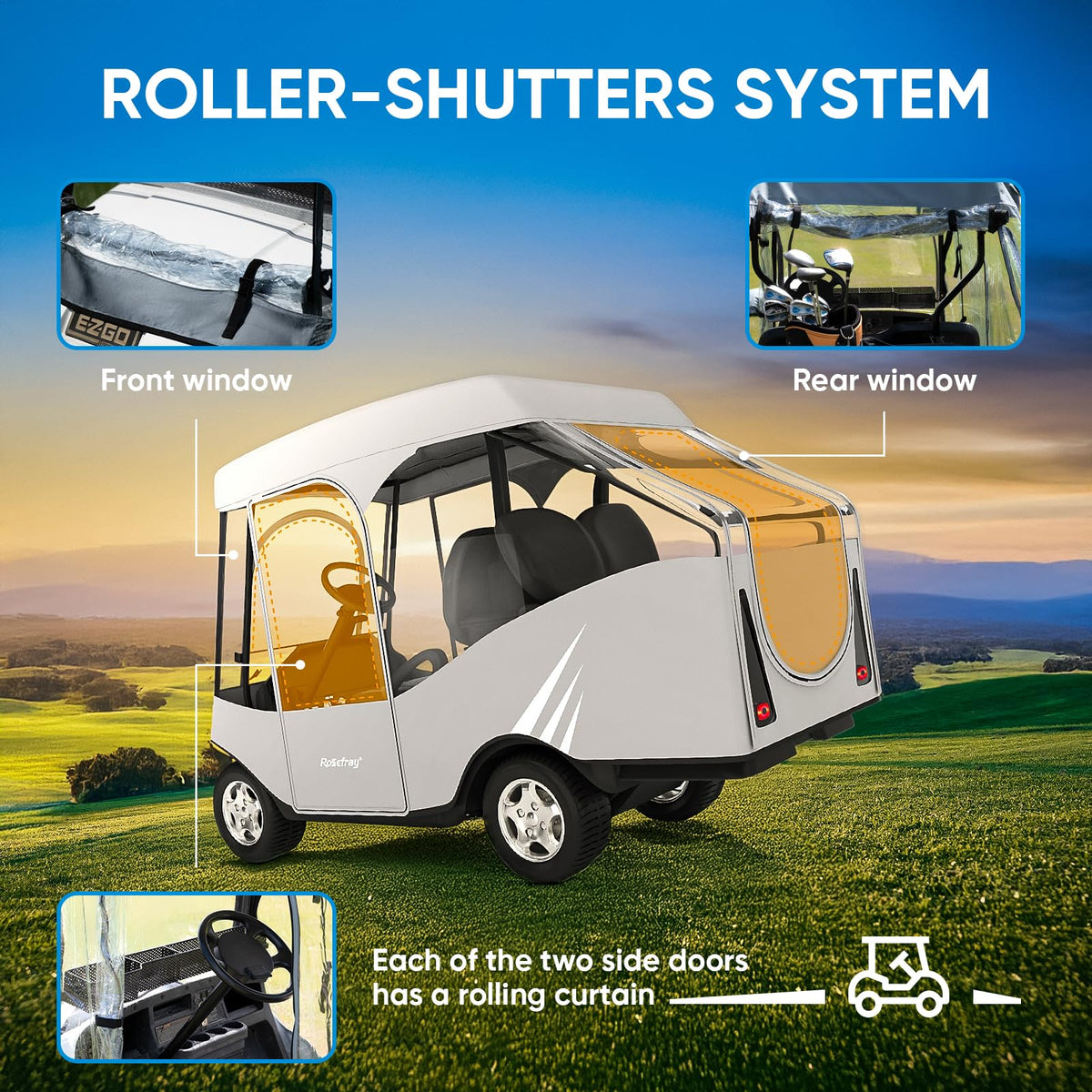 Rosefray enclosure fits 58-inch short roofs on EZGO, Club Car, Yamaha