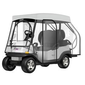 Rosefray golf cart enclosure with clear PVC windows for rain visibility and wind protection.