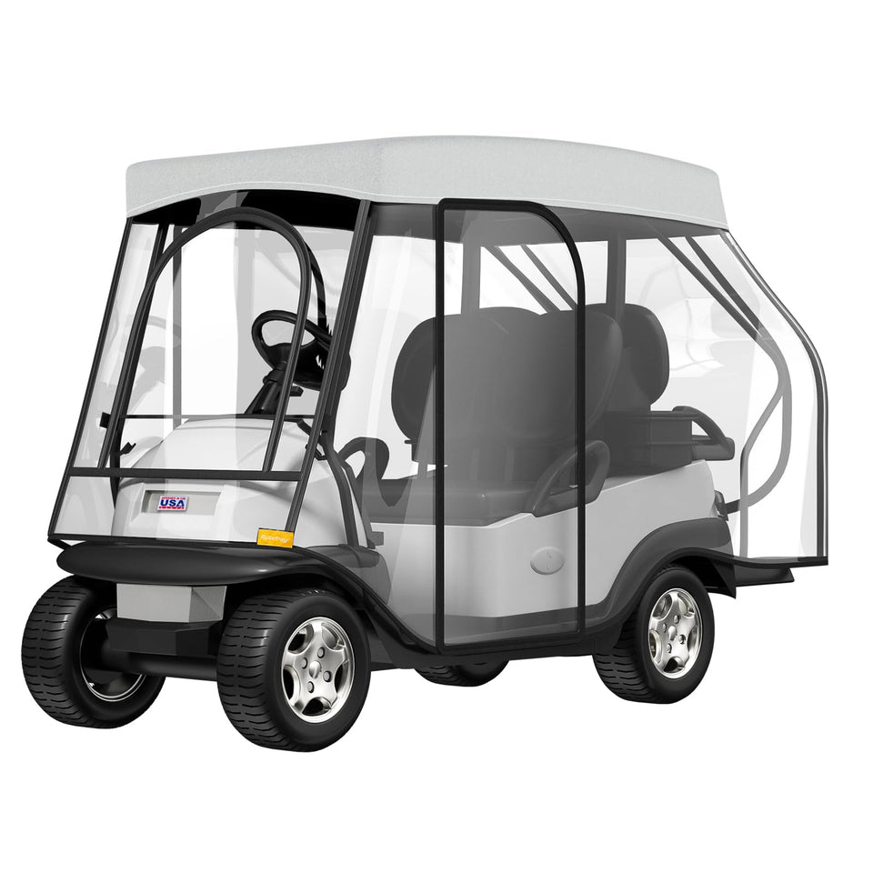 Rosefray golf cart enclosure with clear PVC windows for rain visibility and wind protection.